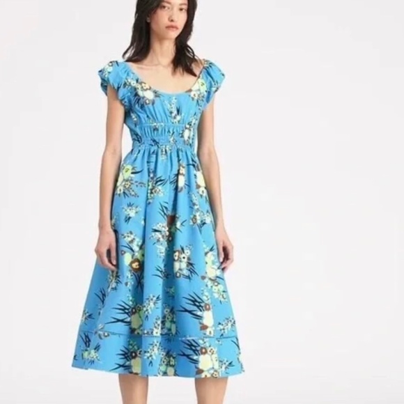 Tory Burch Cap Sleeve Scoop Neck Dress Blue Drop Bouquet Floral Poplin Size 4/S - Picture 6 of 14